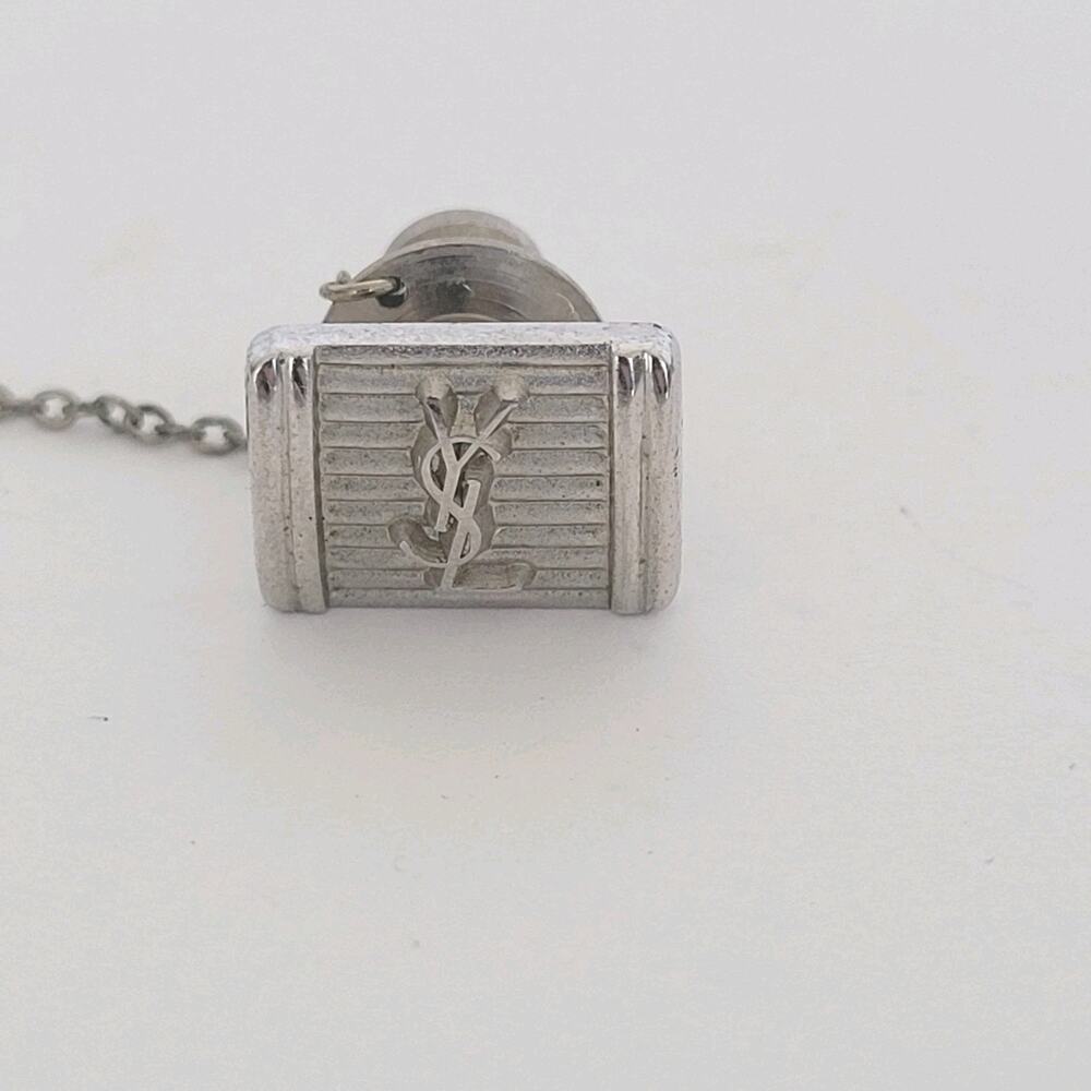 Yves Saint Laurent YSL Tie Necktie Pin Silver Tone Logo Square Vintage Stripped